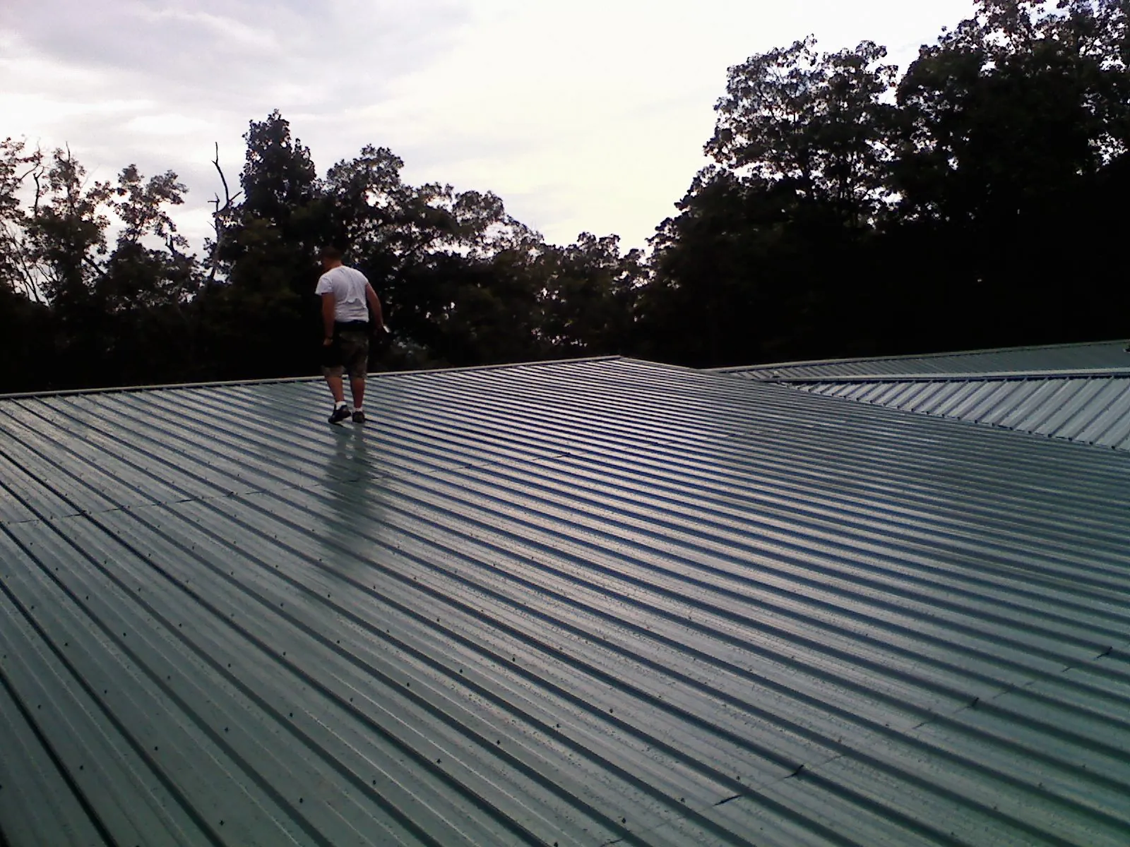 Roofer walking a wide expanse of new green metal roofing in Nodaway