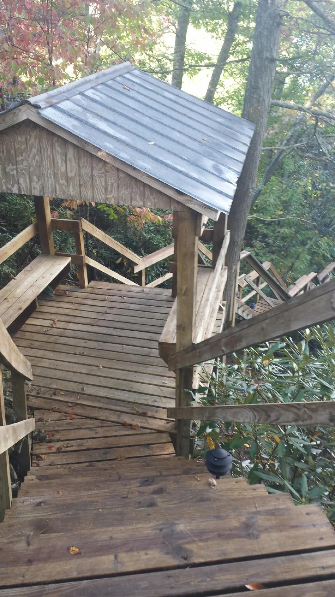 Metal roofed shelter over wooden steps on a wooded walkway — Skylight Repair & Installation work by our crew in Nodaway